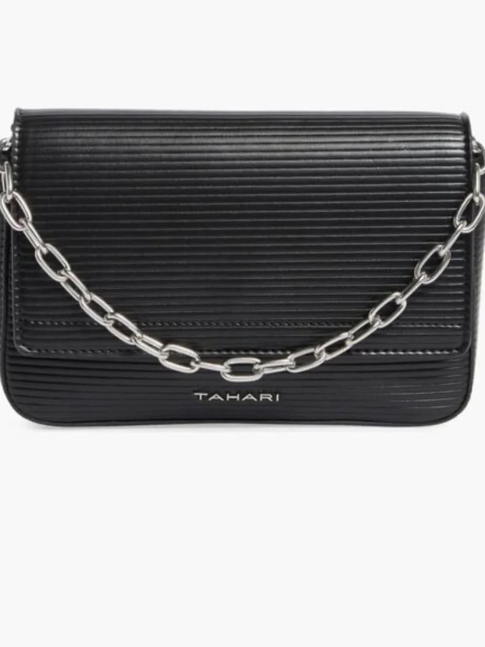 Tahari Essex St Sling Bag Small Black Emboss Stripe Faux Leather Belt